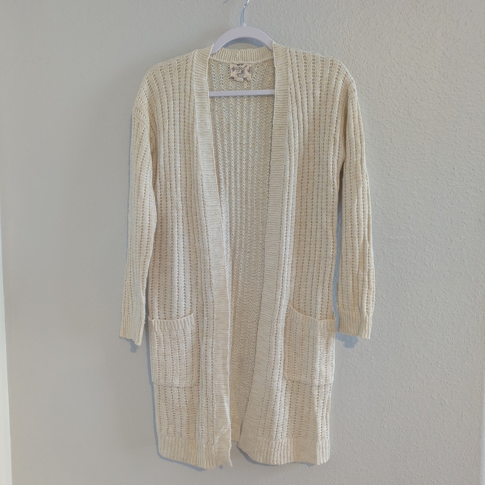 Hippie Rose Cardigan Sweater Cable Knit Long Length Cream Pockets Size XS